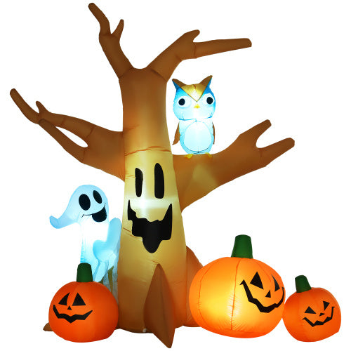 HOMCOM 7.5 Tall Lighted Halloween Inflatables Outdoor Decorations Haunted Tree With Owl, Ghost, Pumpkins, Blow Up LED Yard Decor For Garden, Lawn, Party, Holiday, Waterproof