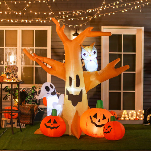 HOMCOM 7.5 Tall Lighted Halloween Inflatables Outdoor Decorations Haunted Tree With Owl, Ghost, Pumpkins, Blow Up LED Yard Decor For Garden, Lawn, Party, Holiday, Waterproof