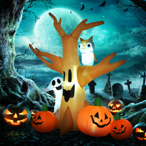 HOMCOM 7.5 Tall Lighted Halloween Inflatables Outdoor Decorations Haunted Tree With Owl, Ghost, Pumpkins, Blow Up LED Yard Decor For Garden, Lawn, Party, Holiday, Waterproof