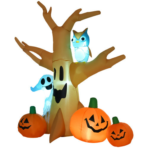HOMCOM 7.5 Tall Lighted Halloween Inflatables Outdoor Decorations Haunted Tree With Owl, Ghost, Pumpkins, Blow Up LED Yard Decor For Garden, Lawn, Party, Holiday, Waterproof